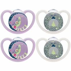 NUK Nachtschnuller Space Gr. 2, 6 -18 Monate Silikon, Katze & Glühwürmchen, 4 Stück