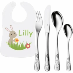 Schnullireich Geschenkset Mit Namen Safari: WMF Kinderbesteck + Baby Lätzchen Hase Silber