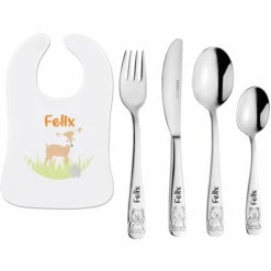 Schnullireich Geschenkset Mit Namen Teddy: Puresigns Kinderbesteck Mit Gravur + Lätzchen Silber