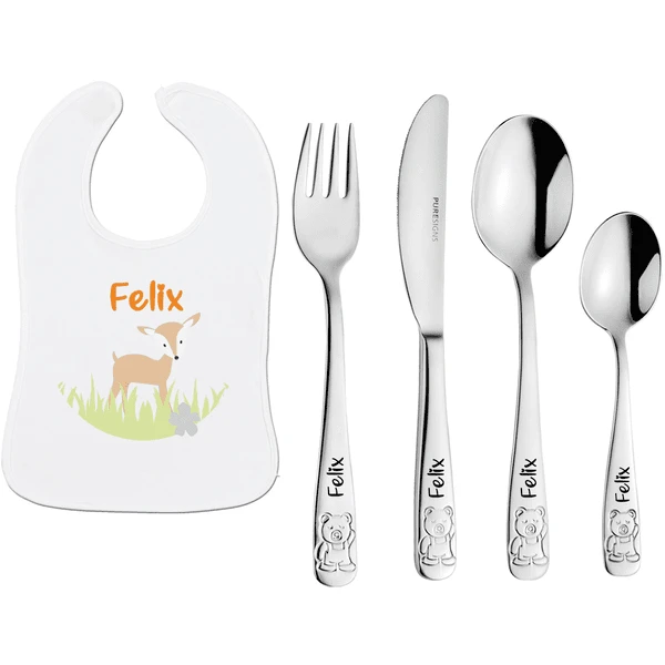 Schnullireich Geschenkset Mit Namen Teddy: Puresigns Kinderbesteck Mit Gravur + Lätzchen Silber 3 Schnullireich Geschenkset Mit Namen Teddy: Puresigns Kinderbesteck Mit Gravur + Lätzchen Silber