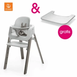 STOKKE® Steps™ Hochstuhl Weiß Buche Hazy Grey Inkl. Baby Set Weiß + Gratis Tray Weiß