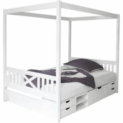 TiCAA Himmelbett Lino Weiß Mit 4 Funktionsschubladen